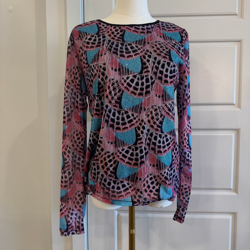 AZI New York Y2K Butterfly Wing Mesh Rhinestone Long Sleeve Top Fairycore Large